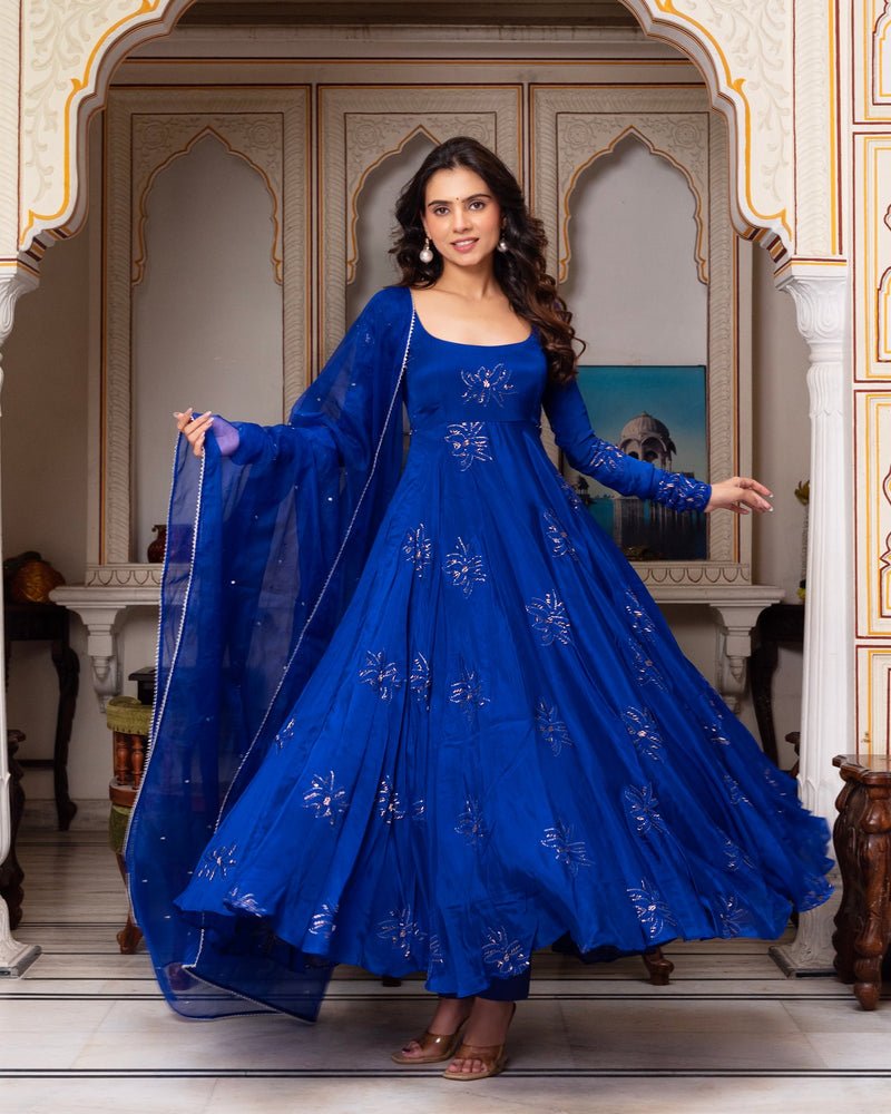Blue Color Faux Georgette Thread Sequence Embroidered Anarkali Suit Set