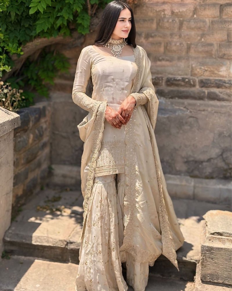 Delightful White Color Georgette Embroidery Sequence Work Gown