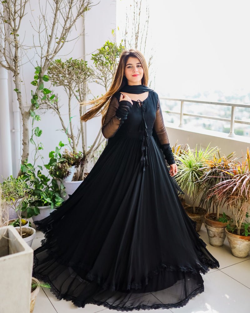 Exclusive Double Layer Plain Black Color Long Gown