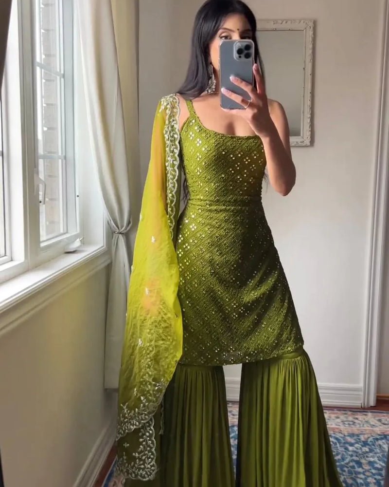 Green Embroidered Kurta And Sharara Suit Set With Dupatta