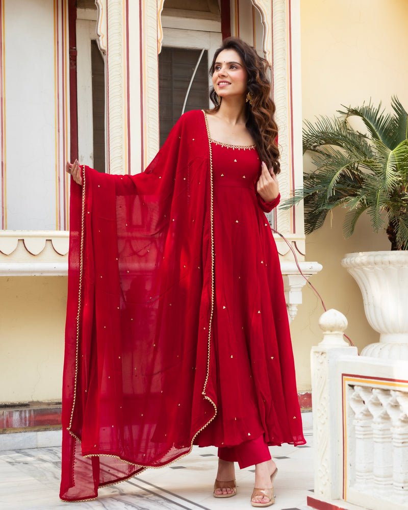 Radiate Elegance In This Red Hand Work Anarkali Suit