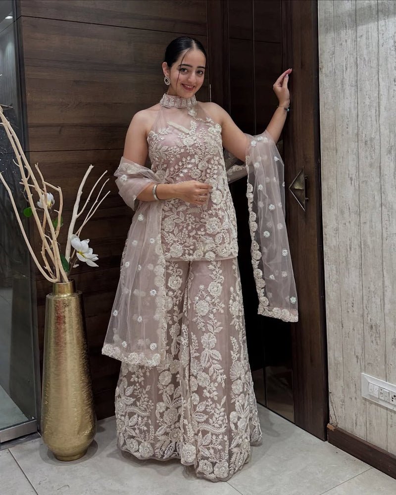 Ruhi Exquisite Net Fabric With Dori Work Sequins And White Cutdana